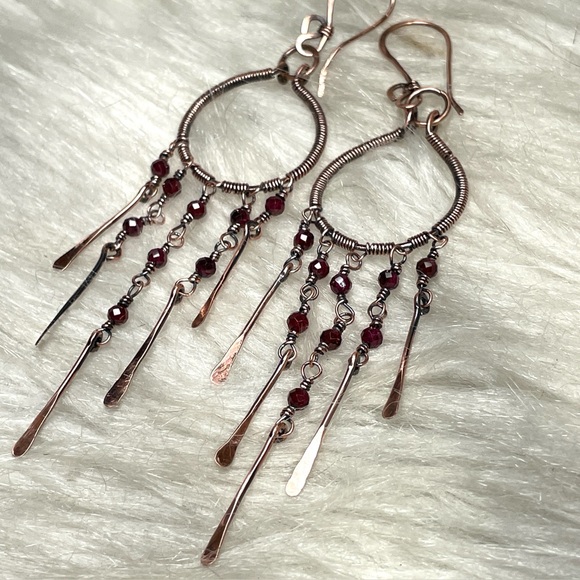 Hand Crafted Copper Red Garnet Crystal Beaded Dangle Chandelier Earrings - Picture 8 of 17